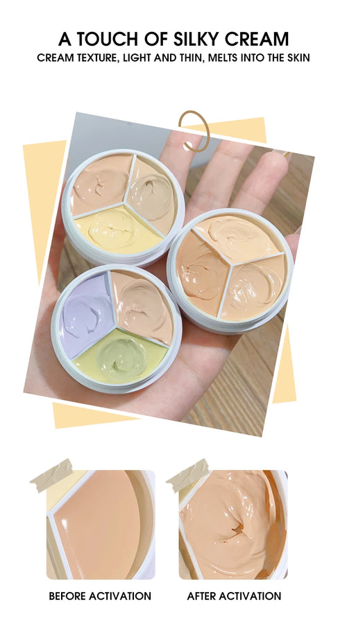 Three cosmetic pots with cream textures, one held by a hand, labeled 'Before Activation' and 'After Activation'.